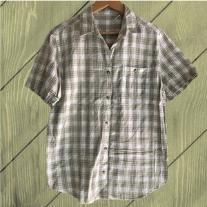 Button Down Plaid Shirt M Cotton Olive Green White Khaki Tan